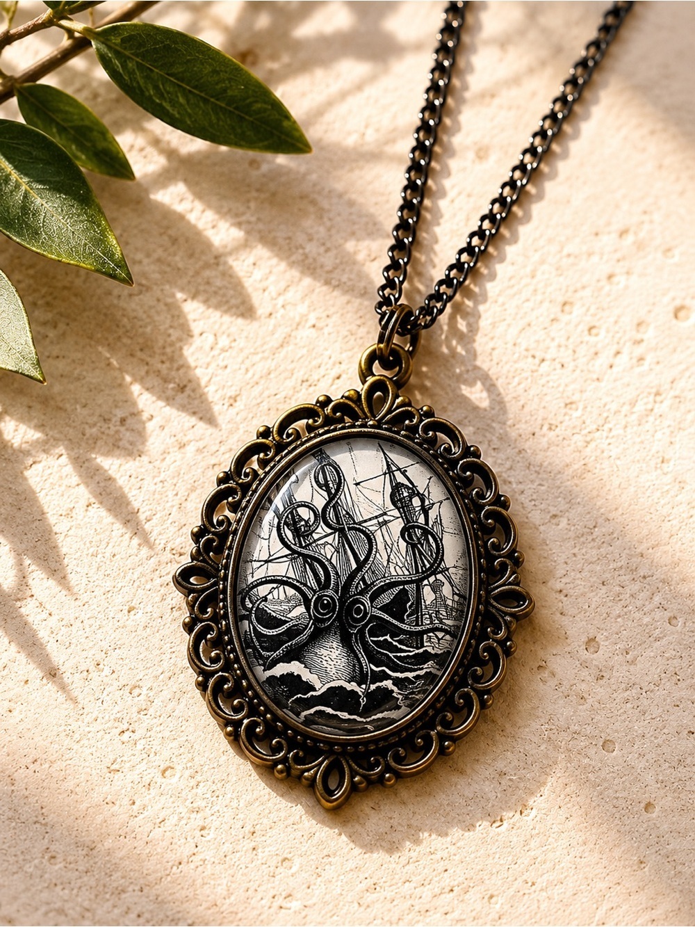 Octopus Cameo Necklace • Dark Academia Ocean Pendant • Gothic Nautical Jewelry